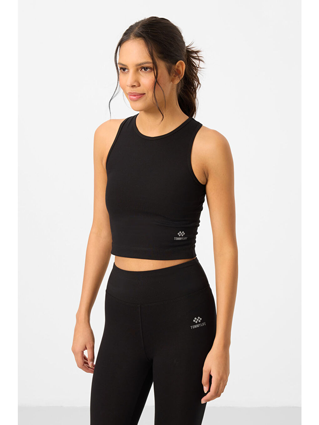 Siyah Yüksek Bel Kapri-Crop Atlet Slim Fit Kadın Tayt Takım - 95284-1