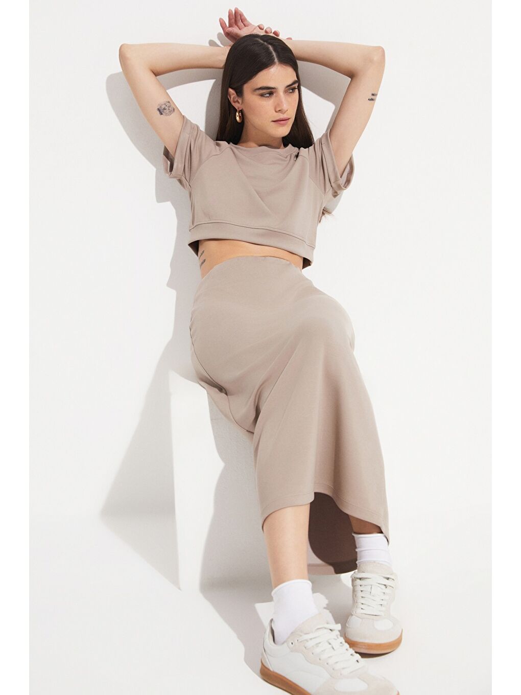 Bej Kadın Crop Midi Etek Takım-4