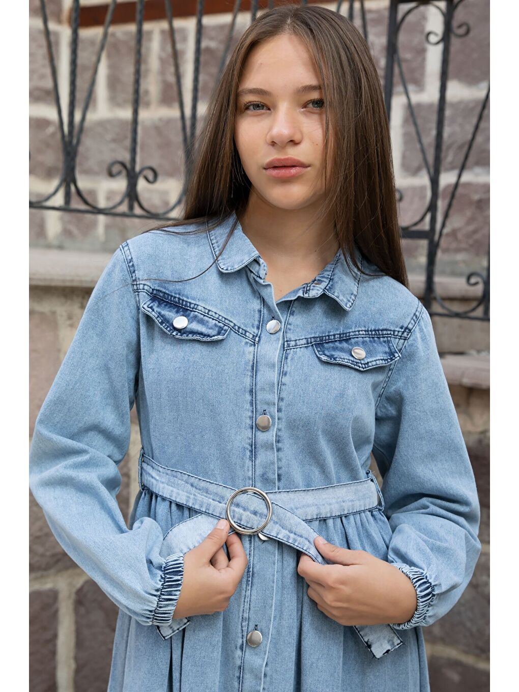 Mavi Kız Çocuk Kuşaklı Düğme Kapmalı Jean Elbise 20495-1