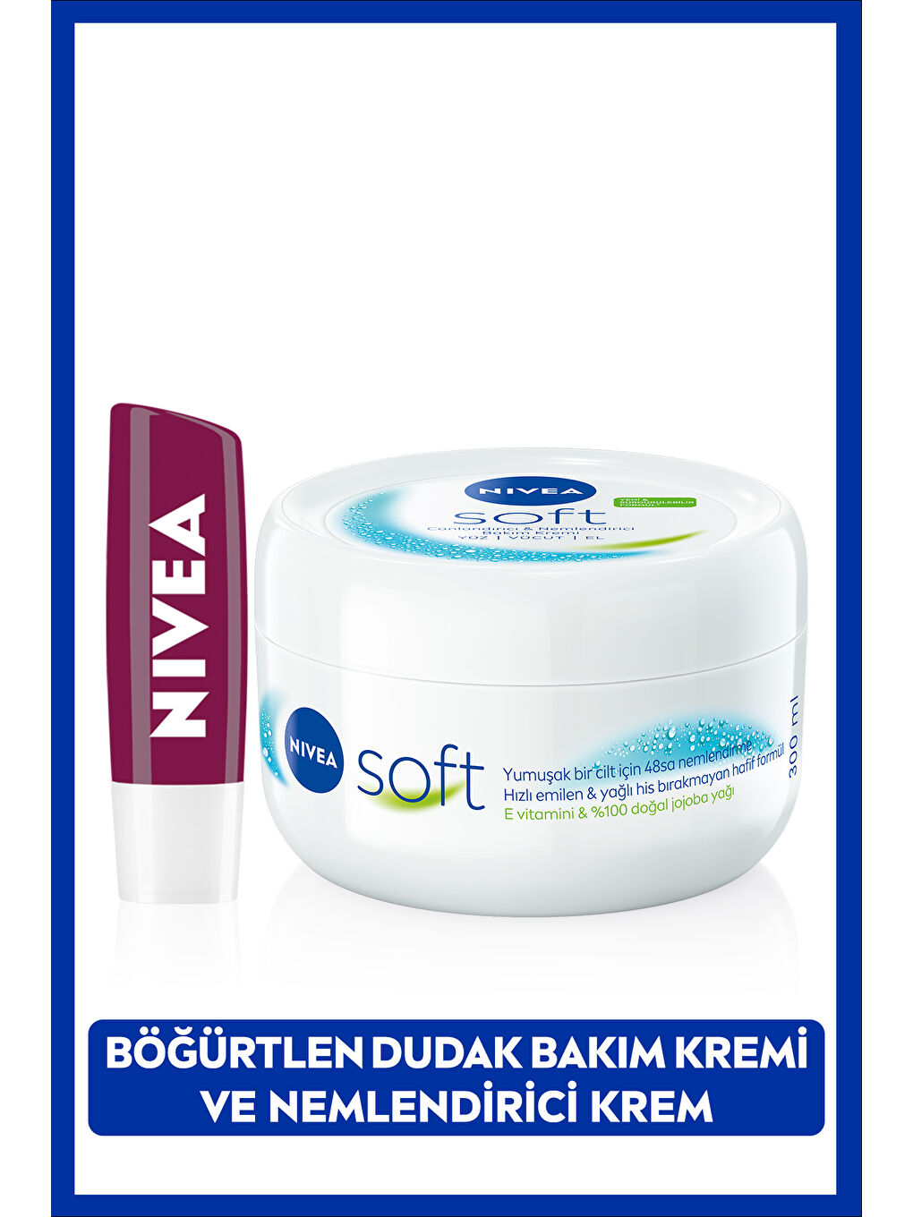 NIVEA Soft Nemlendirici Vücut Kremi 300ml Ve Böğürtlen Dudak Bakım Kremi 4.8gr, Bordo Işıltı, Doğal