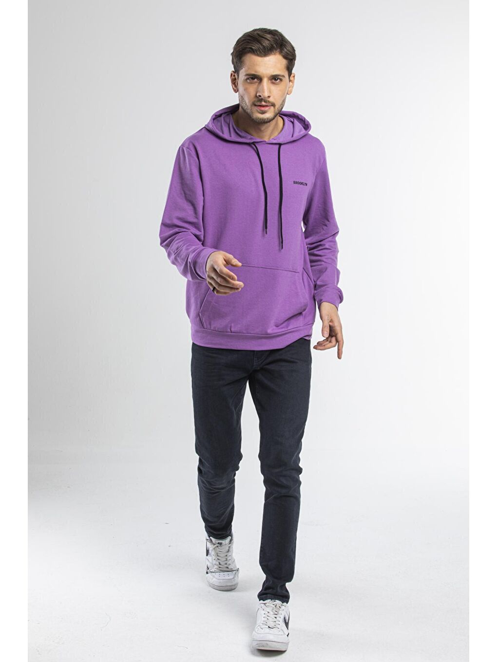 Süperlife Lila Kapüşonlu Uzun Kollu Baskılı Dar Kalıp İnce Erkek Sweatshirt SPR 2019K61