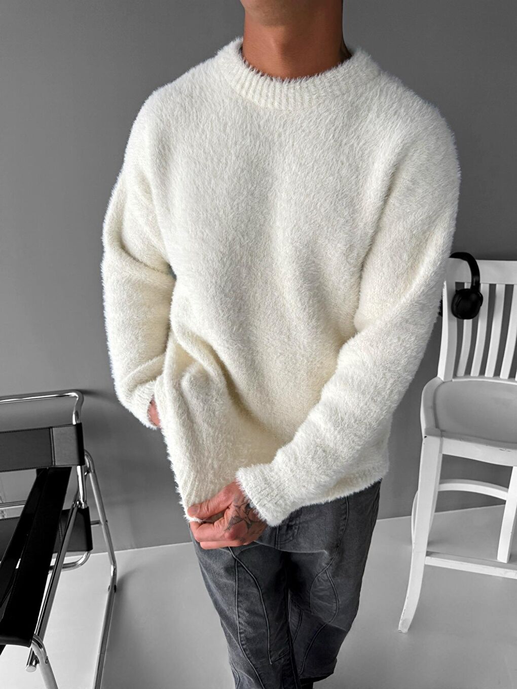 Erkek Oversize Dokulu Kazak Ekru-2