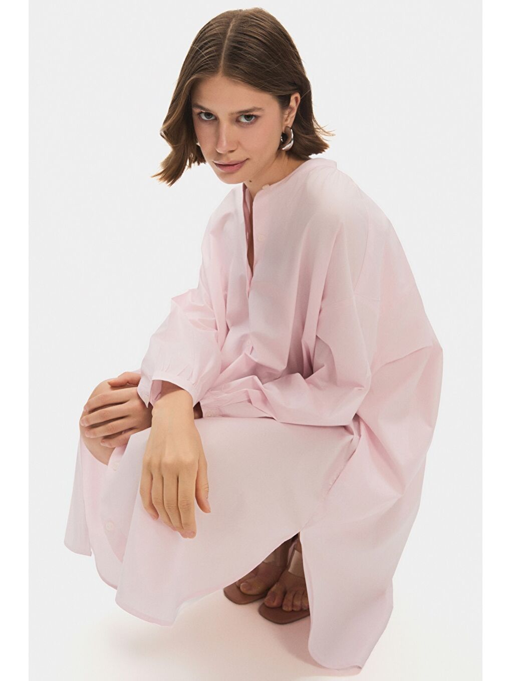 Pembe Kadın Exclusive Geniş Kalıp Pudra Hakim Yaka Gömlek Elbise-2