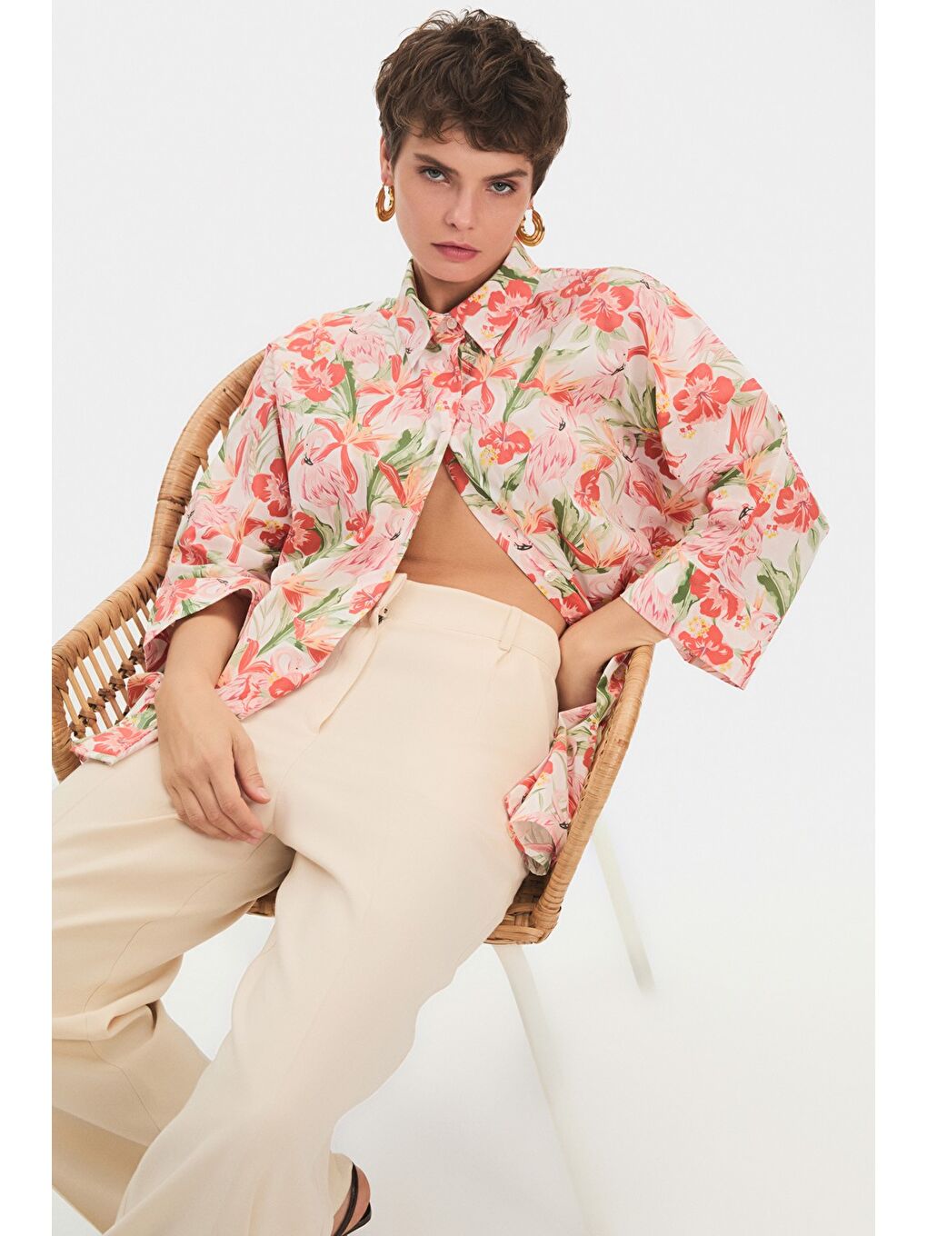 Ekru Kadın Exclusive Geniş Kalıp Çiçek Desenli Pamuk Gömlek-2