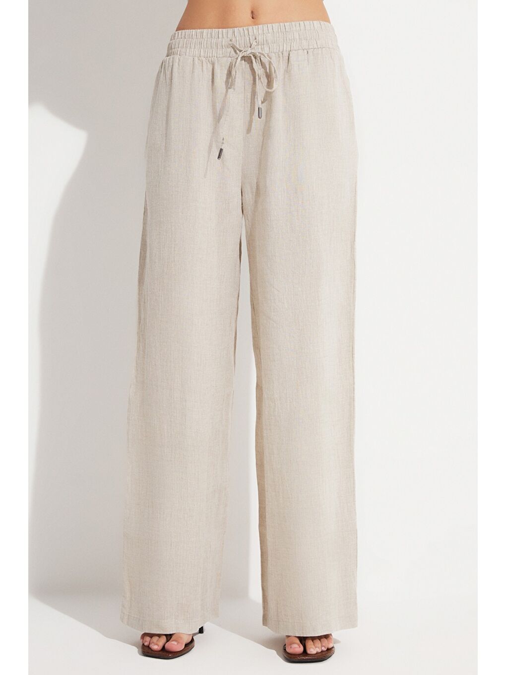 Bej Kadın Exclusive %100 Keten Wide Leg/Geniş Paça Pantolon