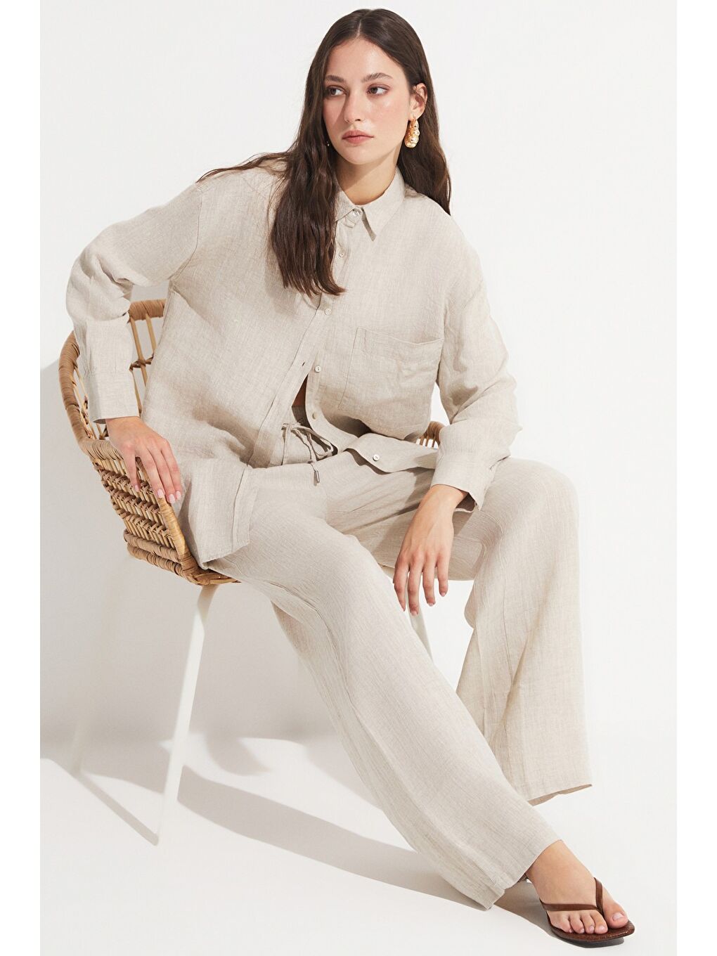 Bej Kadın Exclusive %100 Keten Wide Leg/Geniş Paça Pantolon-1