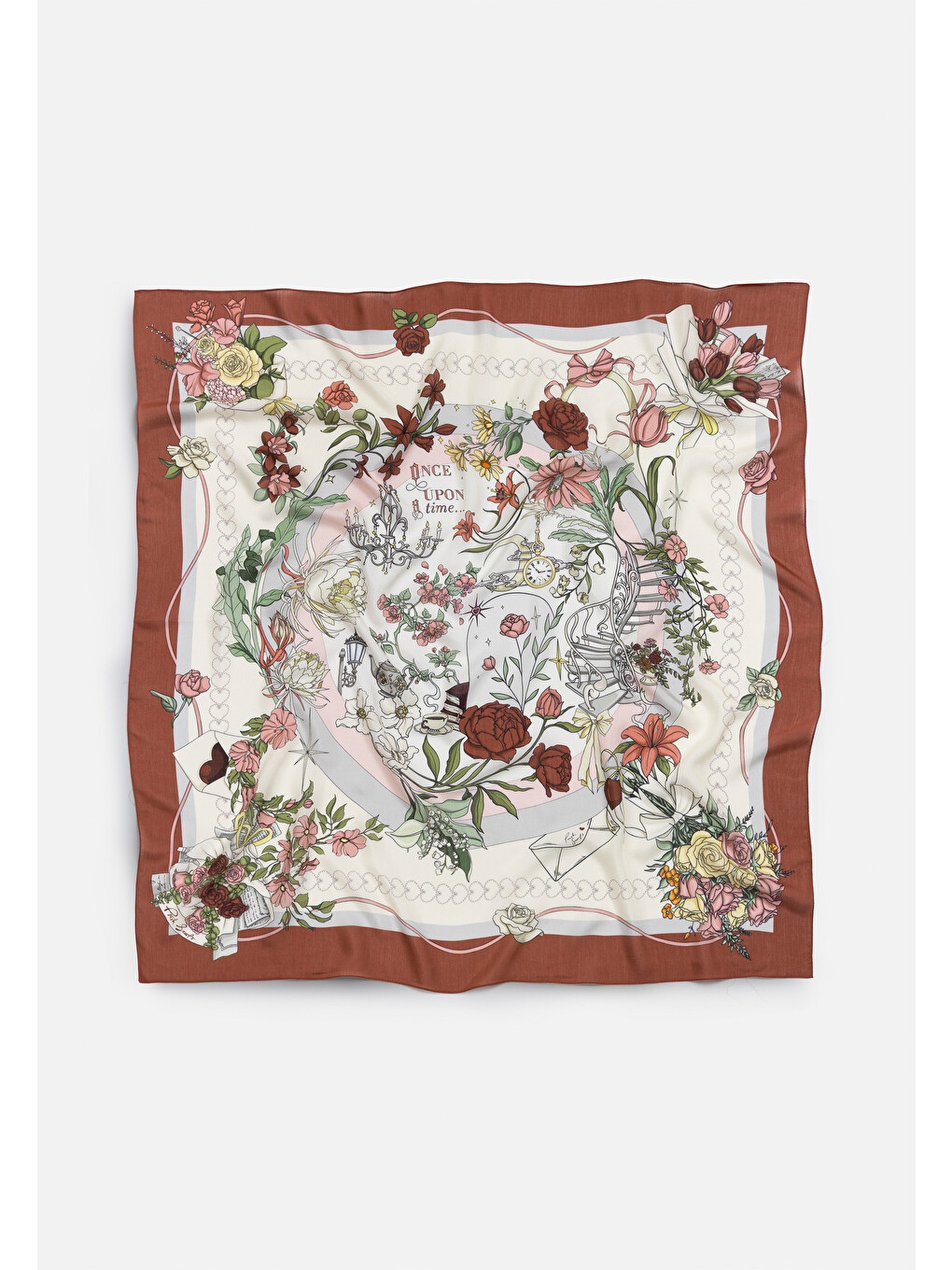 Bordo Once Upon A Love Desen Floş Viskon Eşarp Vintage Rose-1