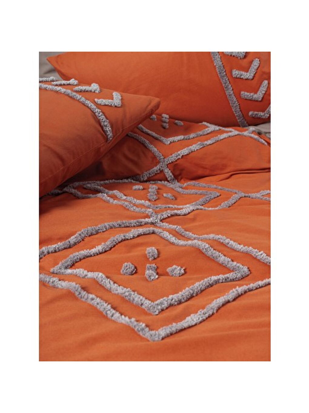 Karışık Pamuk Box Puff Nakışlı Çift Kişilik Nevresim Takımı Liya Kiremit-Bej-2