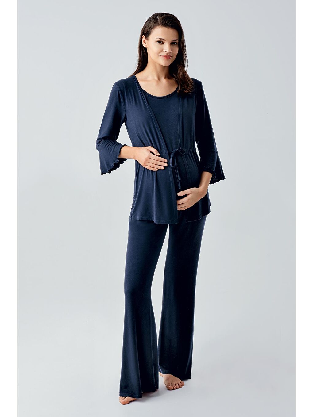 Lacivert Truvakar Kol İspanyol Paça Esnek Viskoz Hamile Pijama Takım 17215-1
