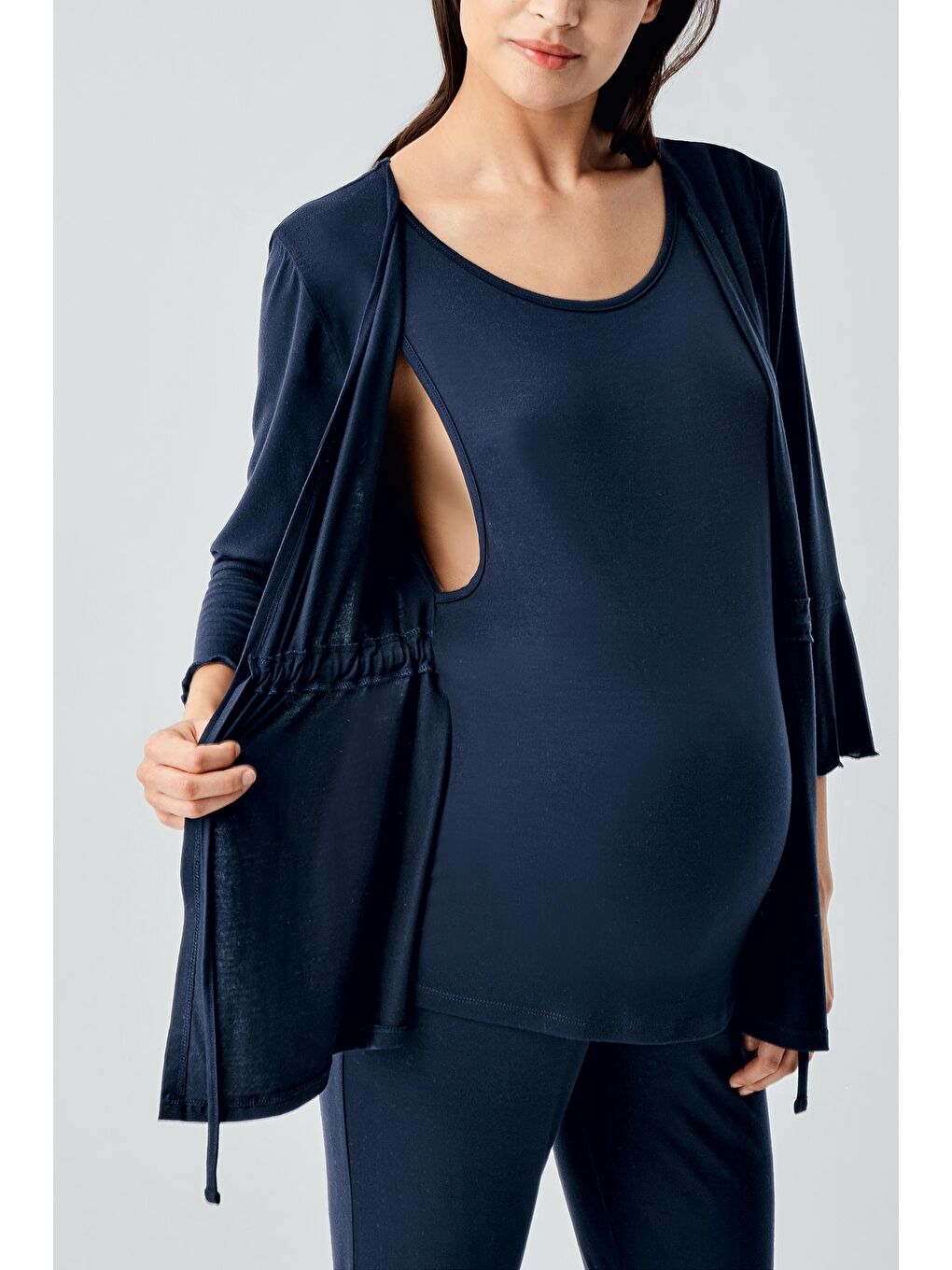 Lacivert Truvakar Kol İspanyol Paça Esnek Viskoz Hamile Pijama Takım 17215-2