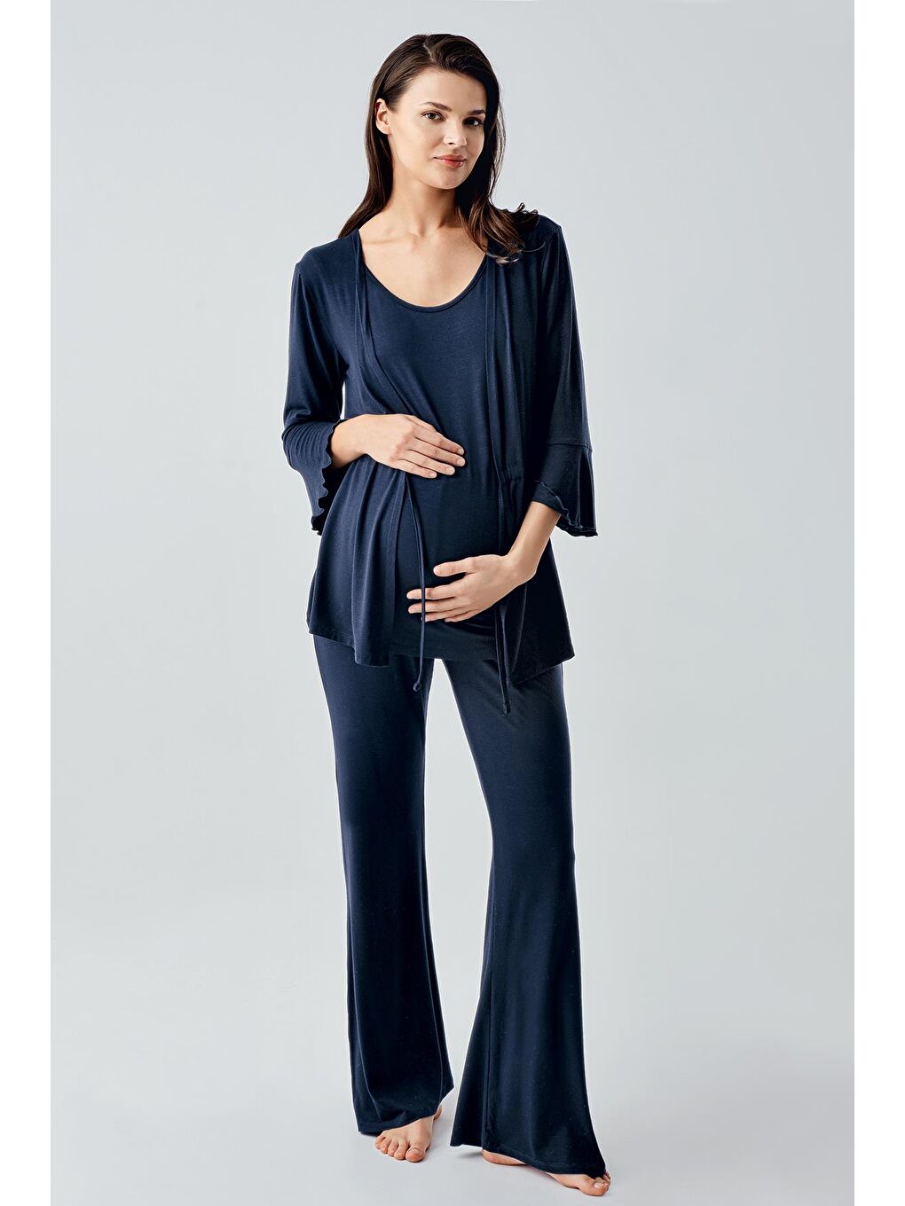 Lacivert Truvakar Kol İspanyol Paça Esnek Viskoz Hamile Pijama Takım 17215-3