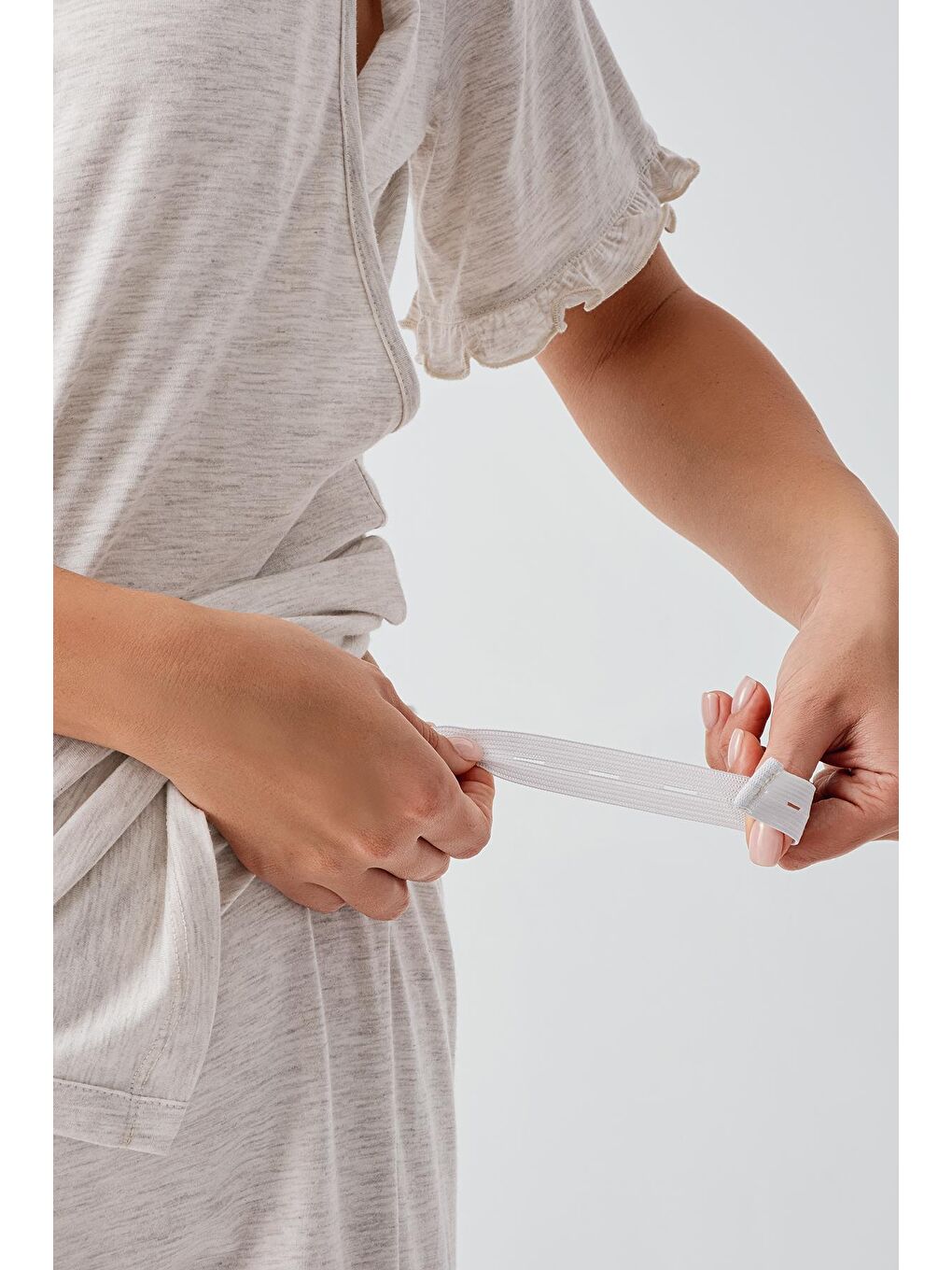 Bej Kısa Kollu Düğmeli Esnek Pamuklu Kumaş Hamile Pijama Takım 17200-1