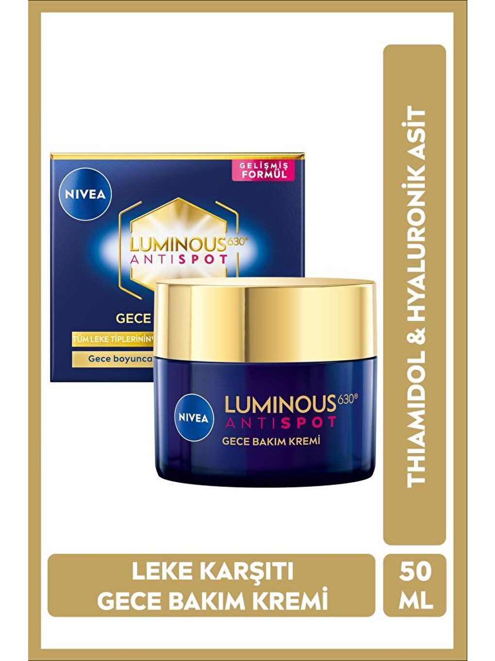 NIVEA Luminous630 Thiamidol Etkili Leke Karşıtı Gece Yüz Bakım Kremi 50ml, Hyaluronik Asit, Nemlendirici