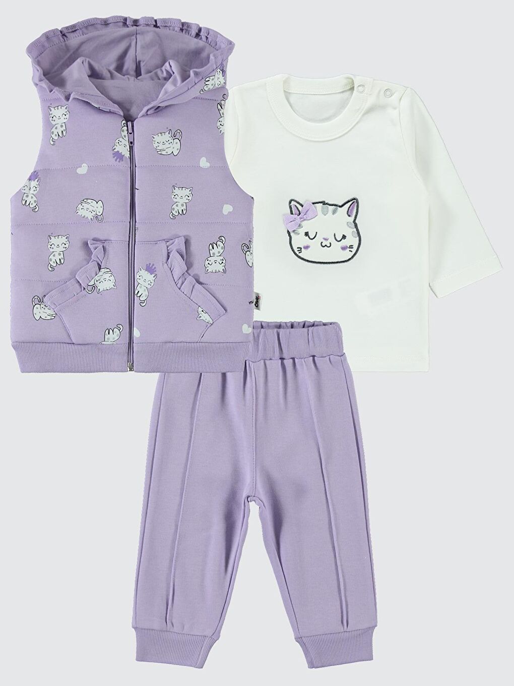 Baby Kedi Nakışlı 3 lü 6-18 Ay Takım - Lila 9-12 Ay-2