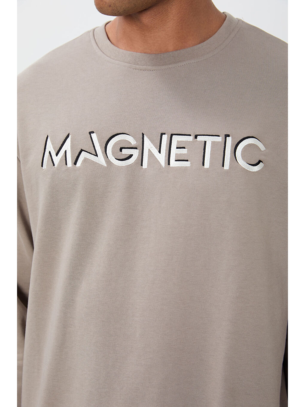 Kahverengi Camel Yazı Nakışlı Bisiklet Yaka Rahat Form Erkek Sweatshirt - 88020-1