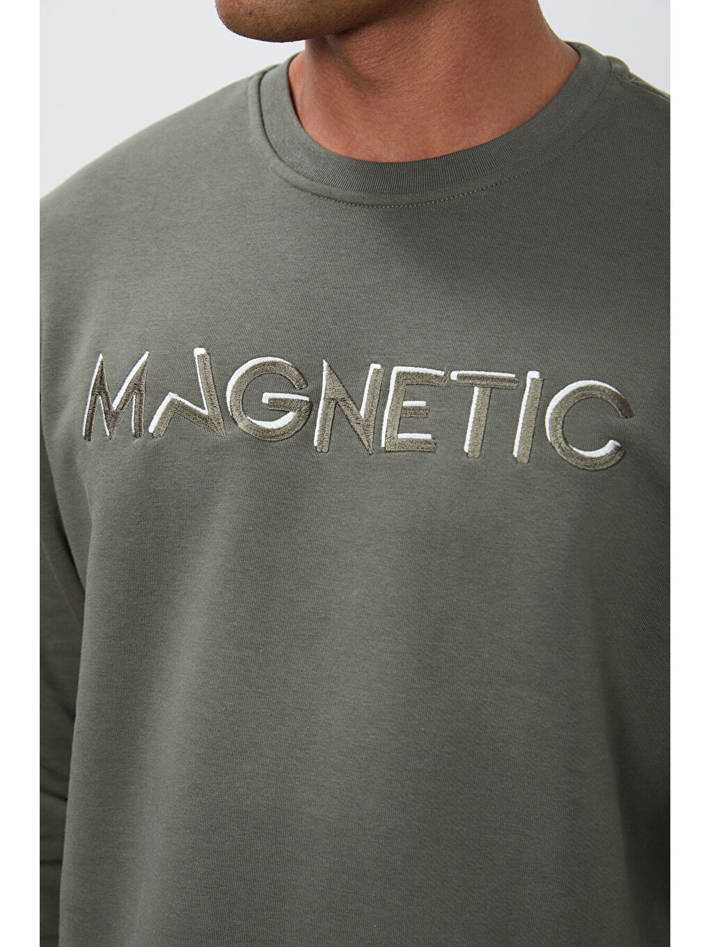 Haki Çağla Yazı Nakışlı Bisiklet Yaka Rahat Form Erkek Sweatshirt - 88020-1