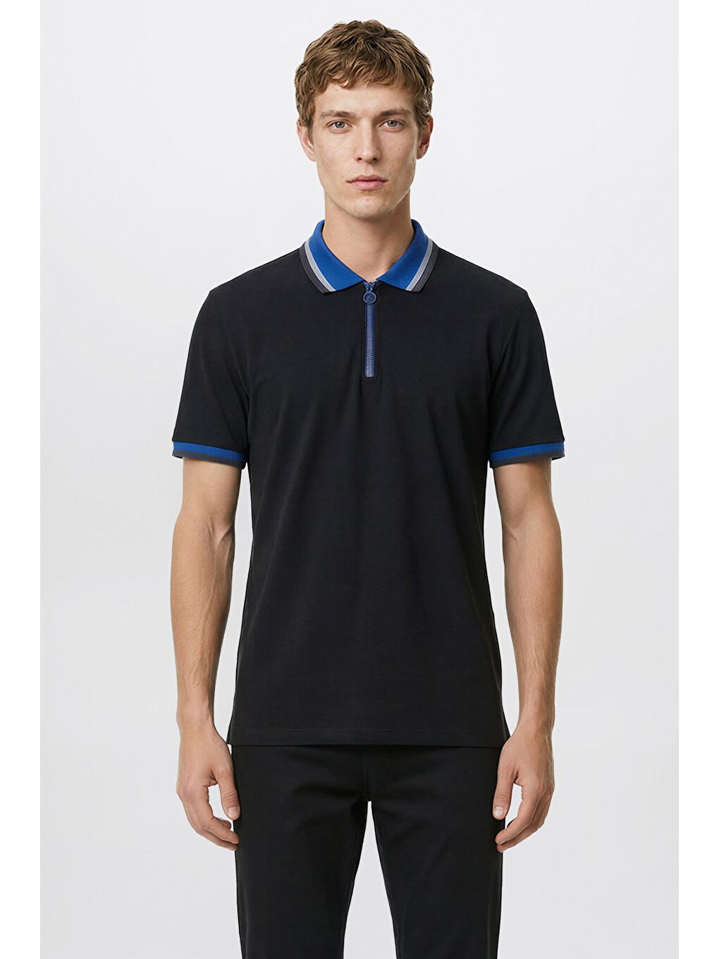 Erkek Siyah-saks Regular Fit Geniş Kesim Polo Yaka %100 Pamuk Tişört