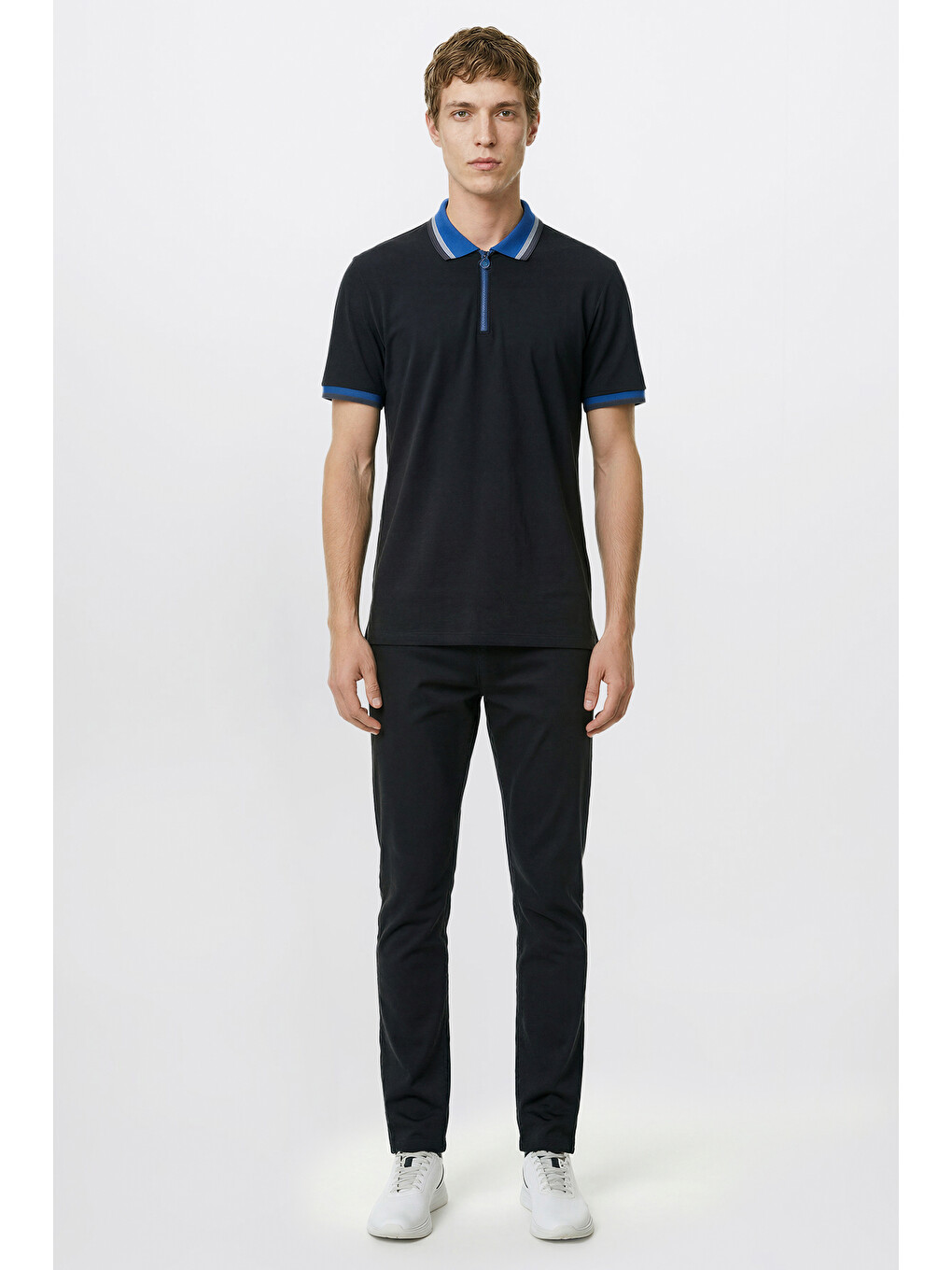 Erkek Siyah-saks Regular Fit Geniş Kesim Polo Yaka %100 Pamuk Tişört-1