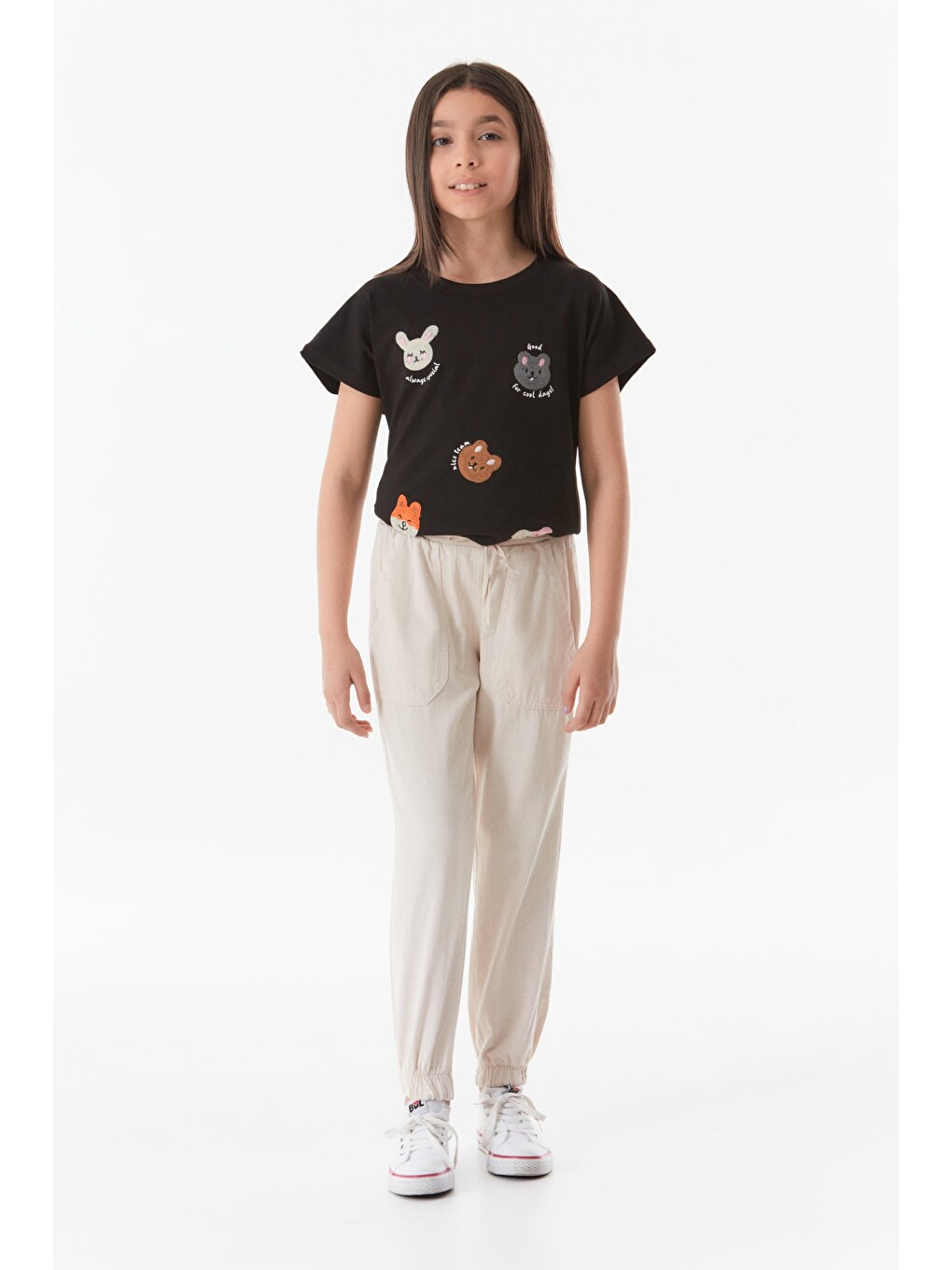 Bej Beli Bağcıklı Jogger Unisex Çocuk Keten Pantolon
