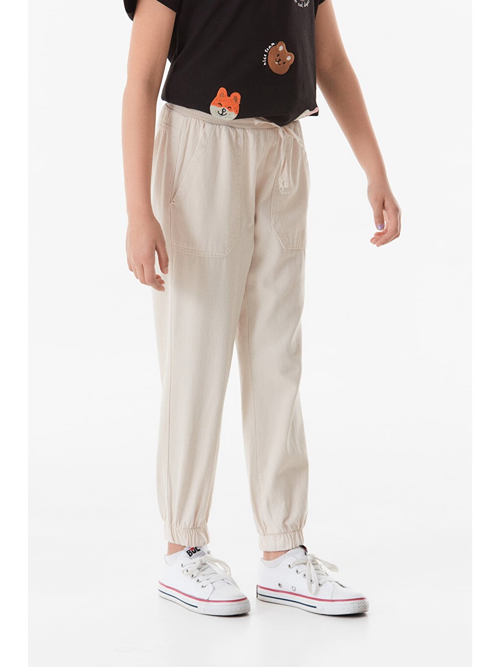 Bej Beli Bağcıklı Jogger Unisex Çocuk Keten Pantolon-1