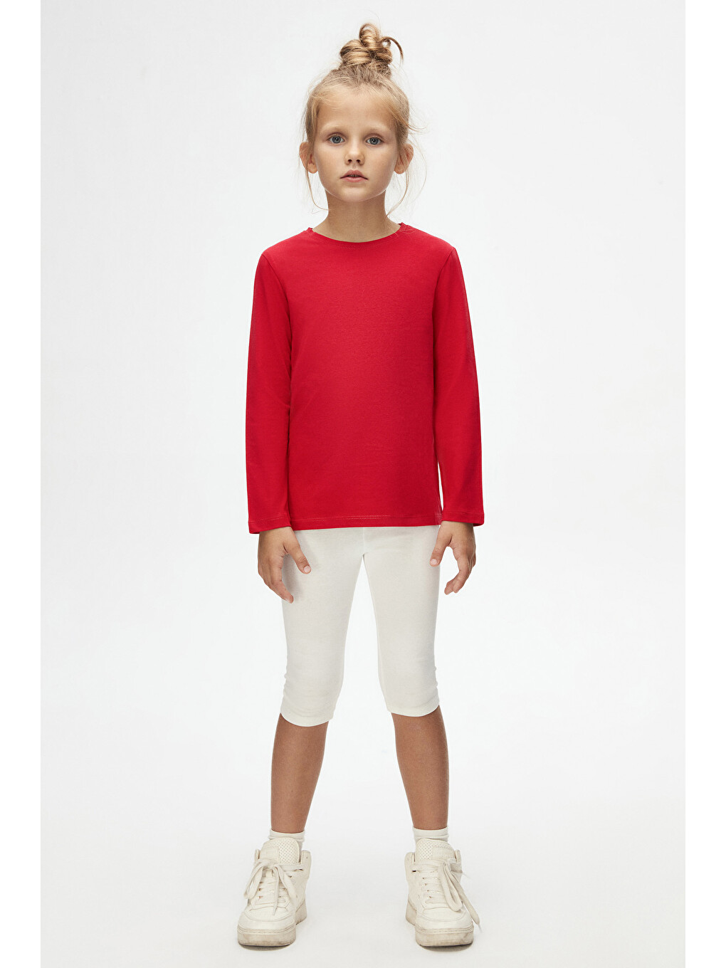 Açık Kırmızı Unisex Çocuk Mevsimlik Sıfır Yaka Uzun Kollu Basic Tişört