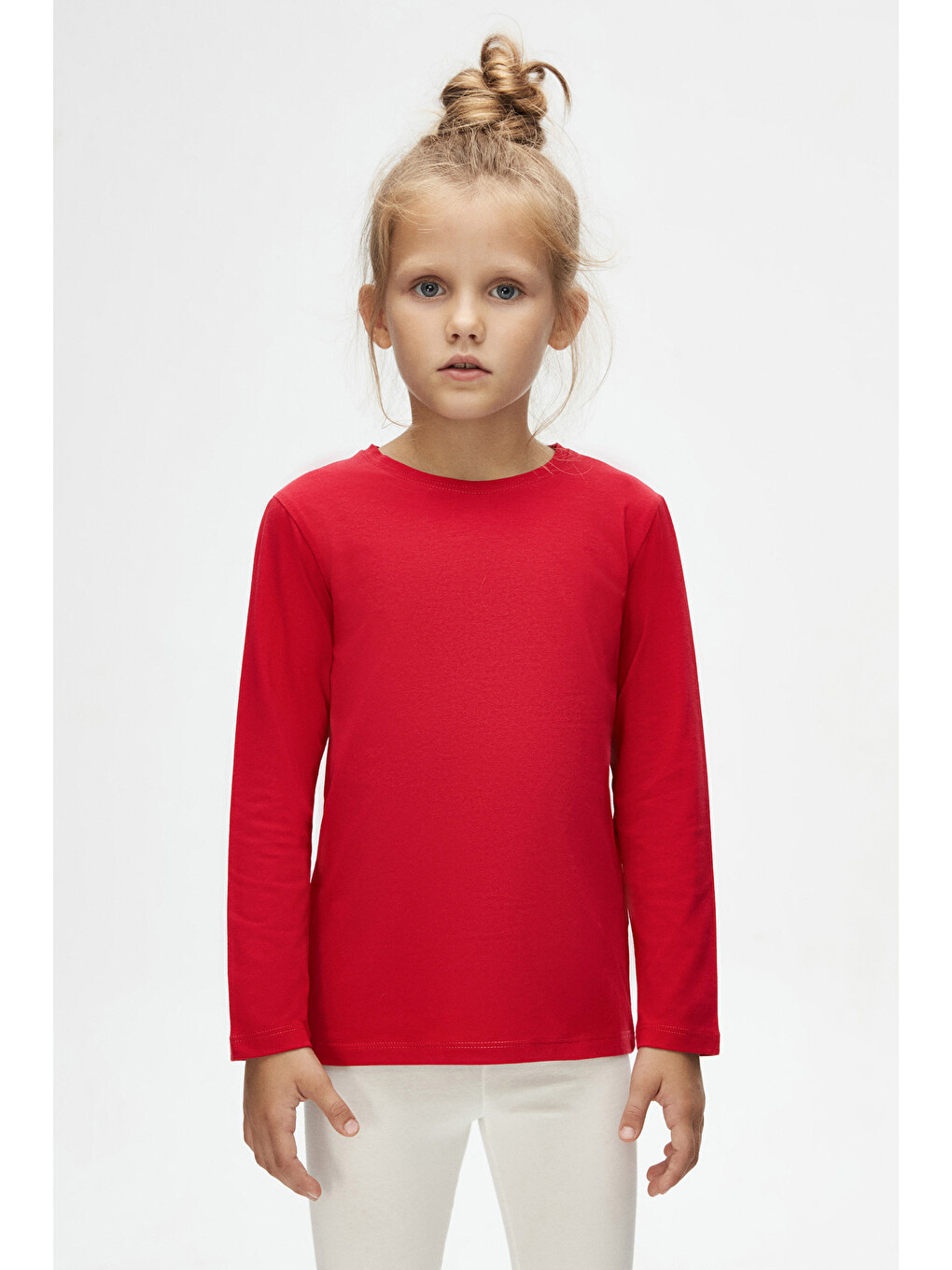 Açık Kırmızı Unisex Çocuk Mevsimlik Sıfır Yaka Uzun Kollu Basic Tişört-1