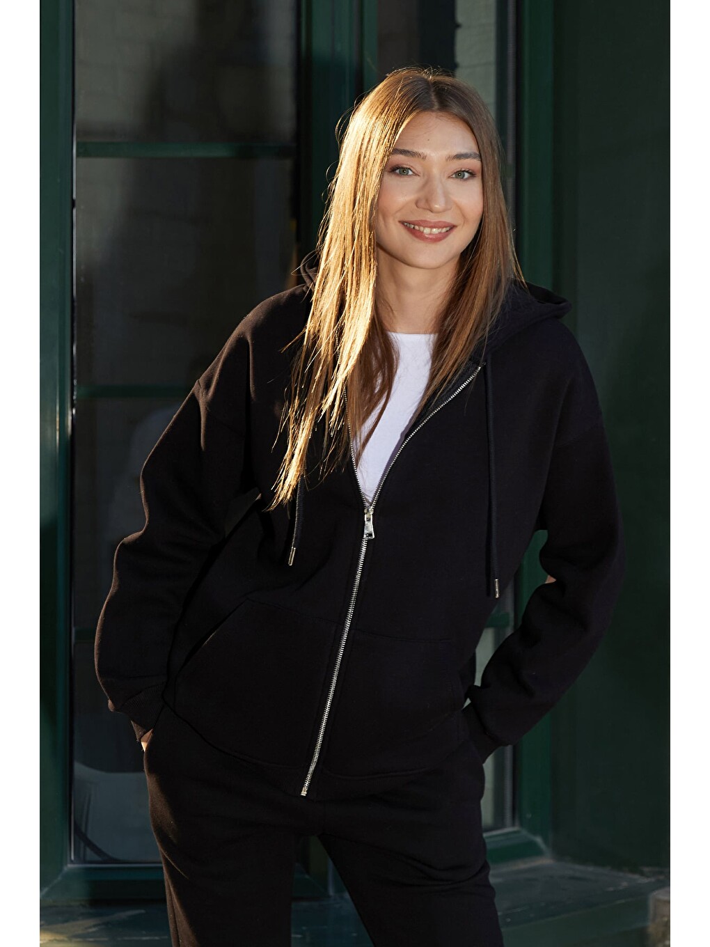 Siyah Basic Fermuarlı Kapüşonlu Oversize Sweatshirt