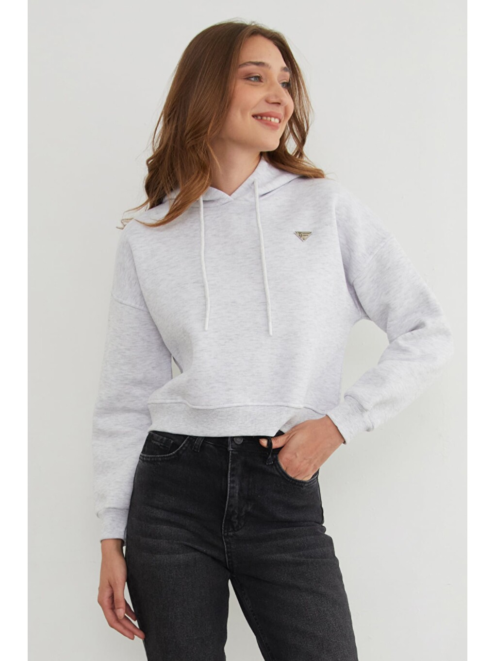 Gri 3 İplik Üçgen Metal Armalı Kapüşonlu Sweatshirt