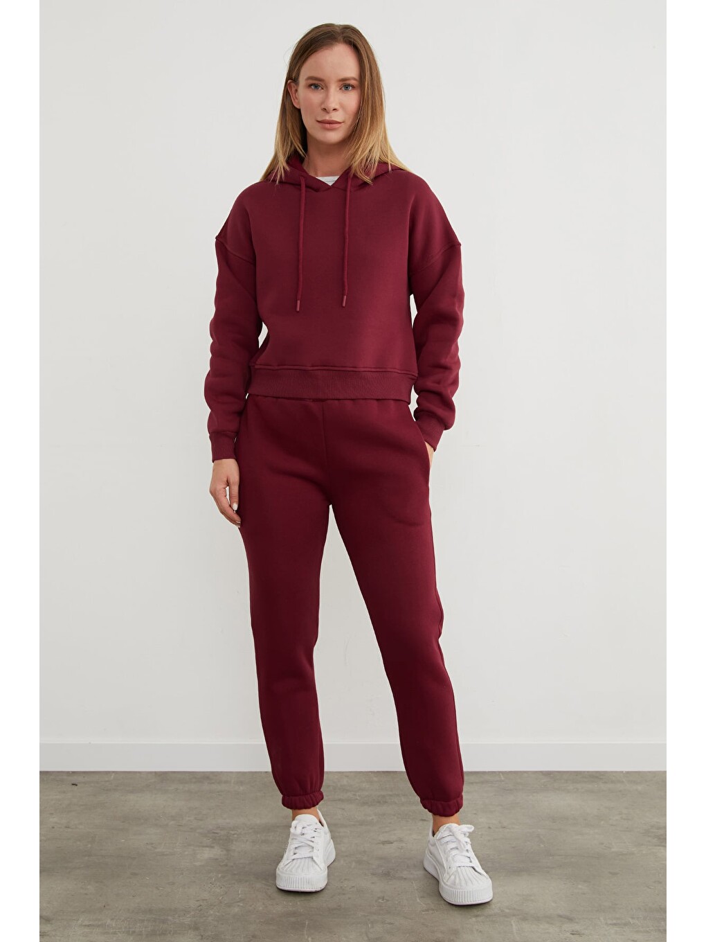 Bordo 3 İplik Basic Kapüşonlu Sweatshirt-2