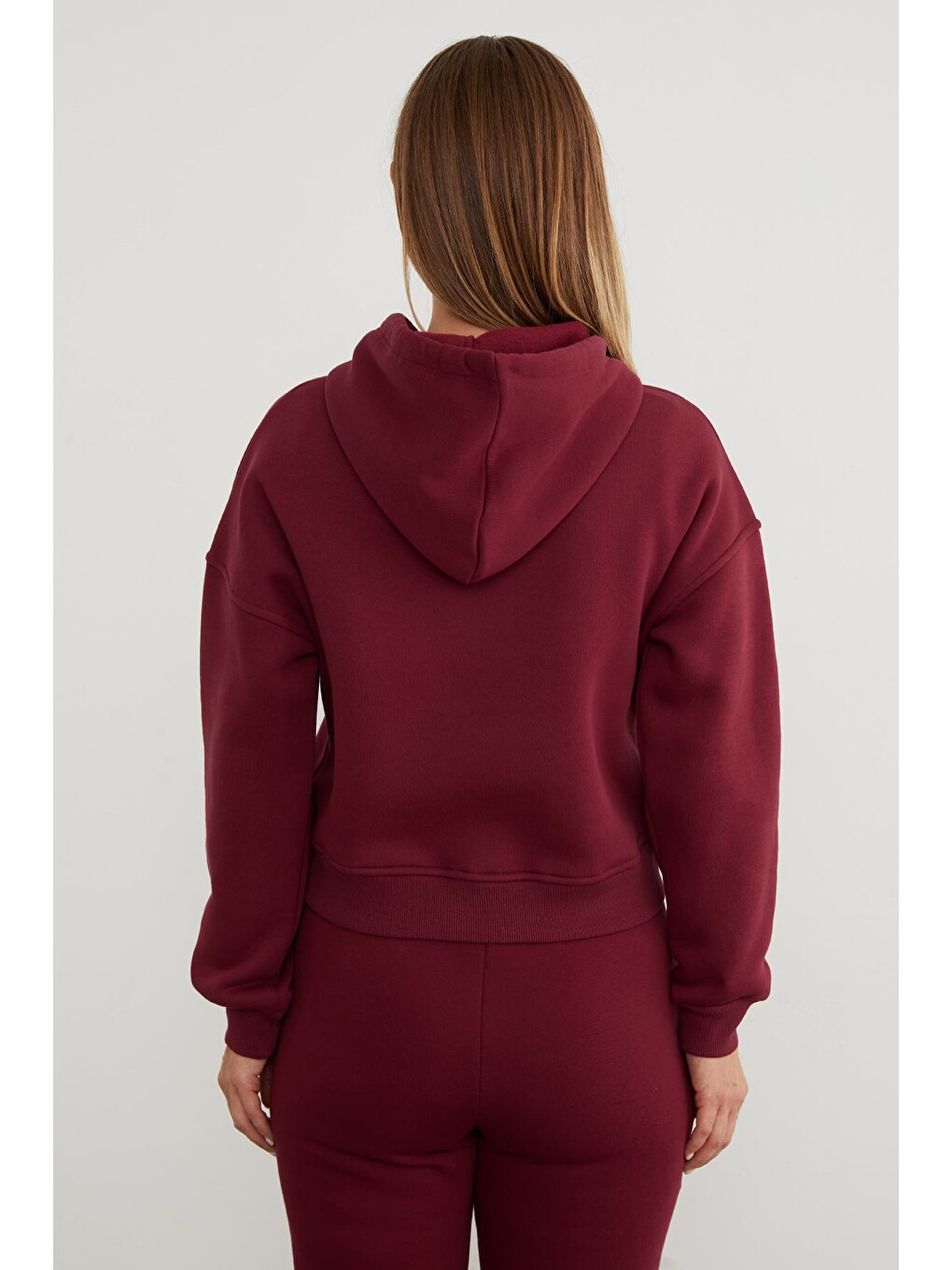 Bordo 3 İplik Basic Kapüşonlu Sweatshirt-4