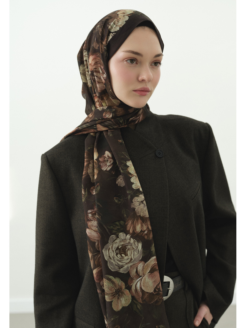 Kahverengi Rosine Desenli Pamuk Viskon Şal Kahve-3