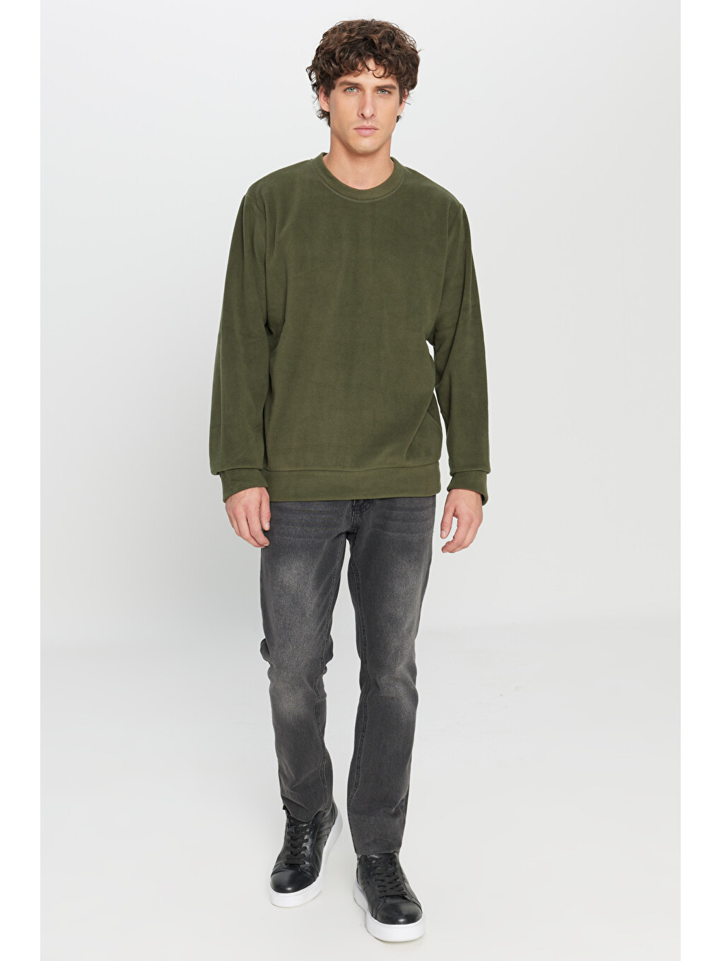 Erkek Haki Standart Fit Normal Kesim Bisiklet Yaka Sweatshirt Polar-1