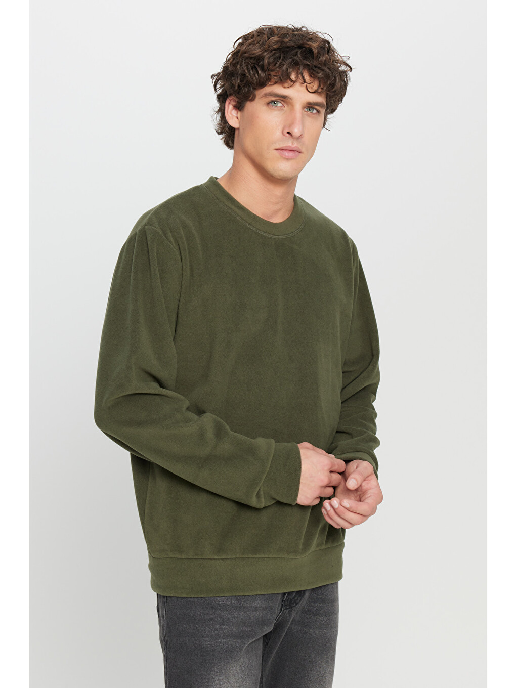 Erkek Haki Standart Fit Normal Kesim Bisiklet Yaka Sweatshirt Polar-2