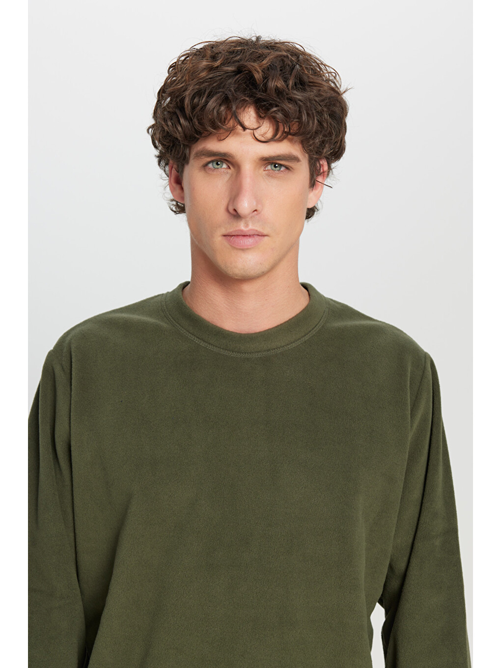 Erkek Haki Standart Fit Normal Kesim Bisiklet Yaka Sweatshirt Polar-3