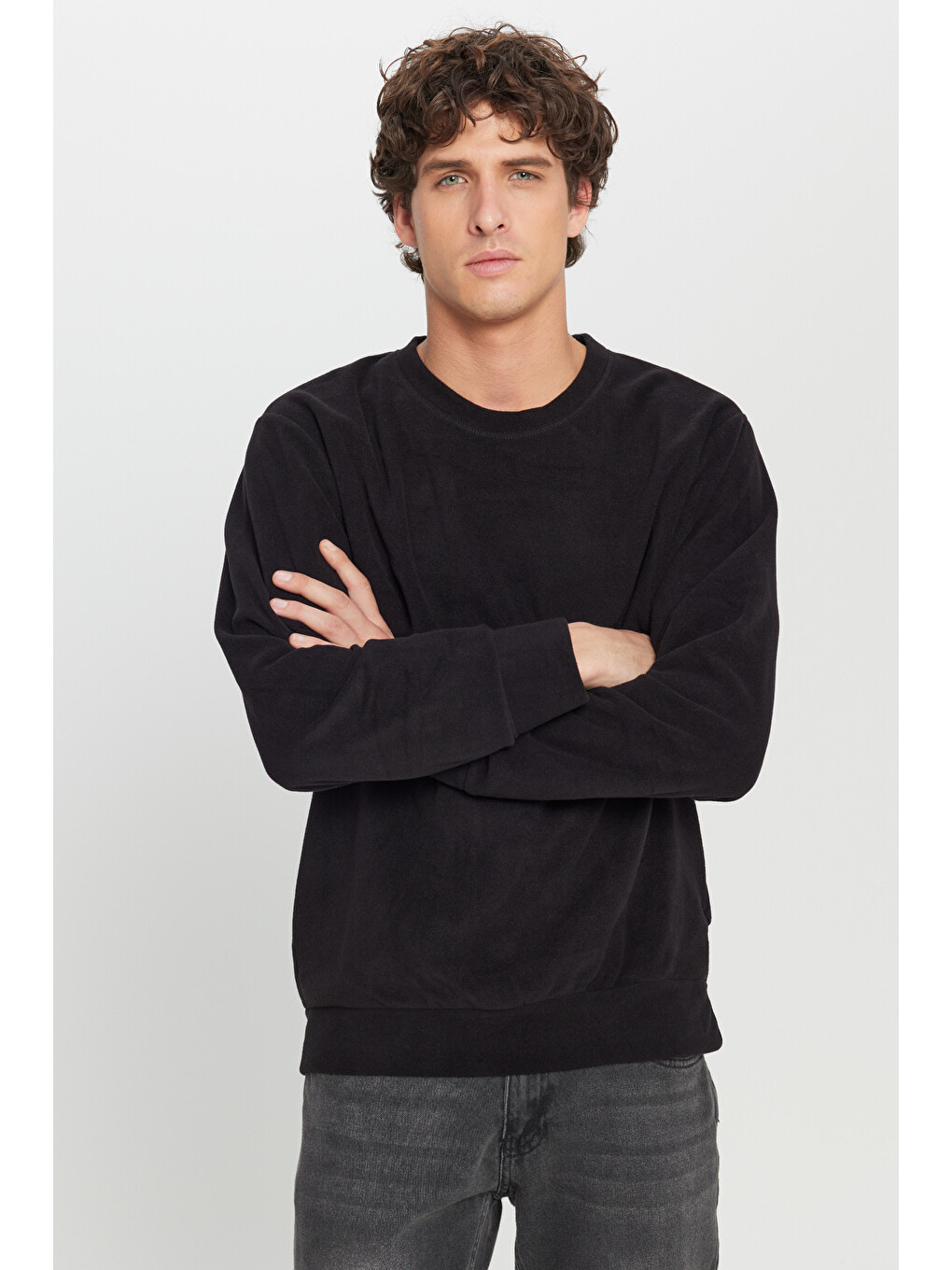 Erkek Siyah Standart Fit Normal Kesim Bisiklet Yaka Sweatshirt Polar-2