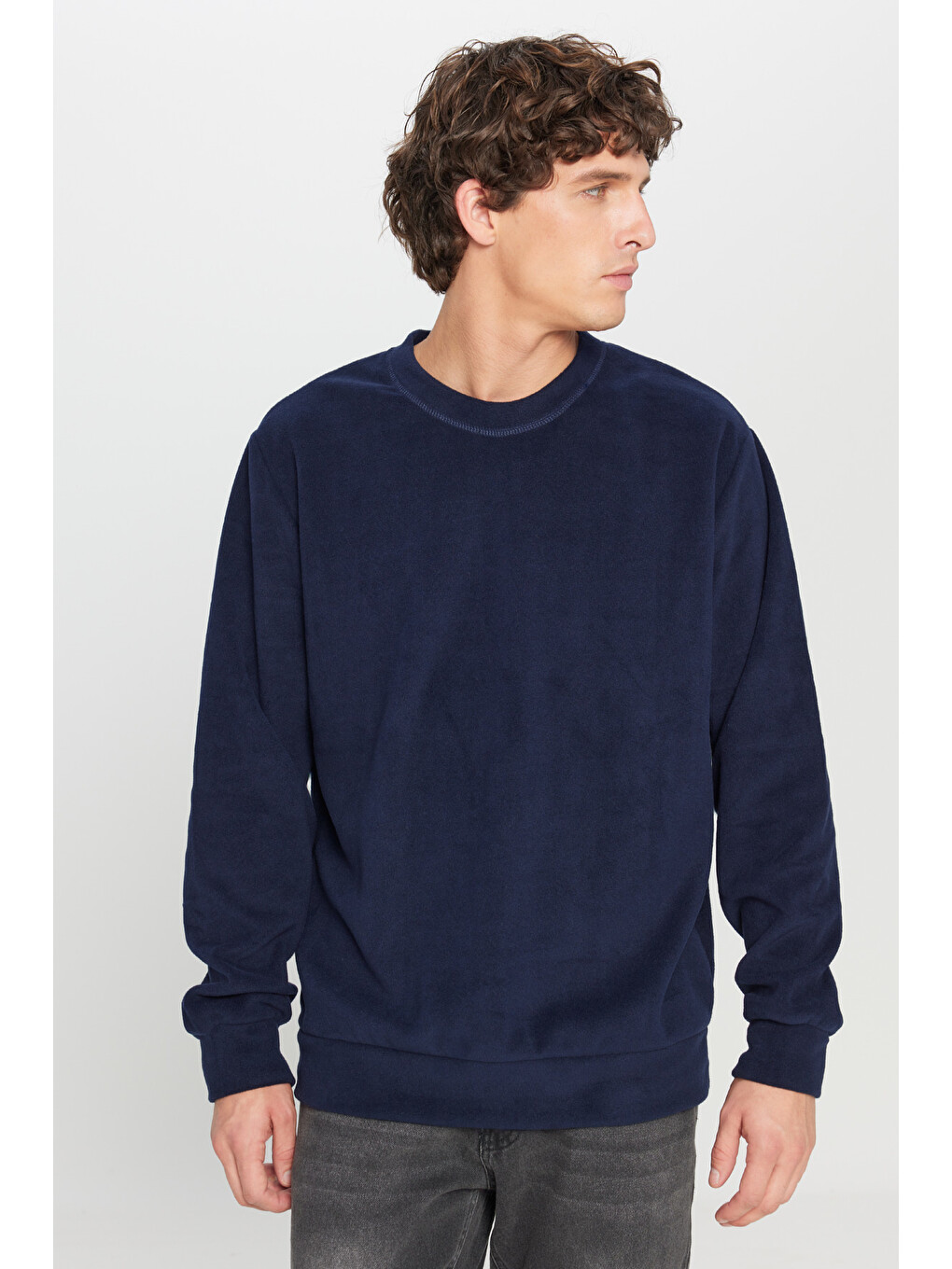 Erkek Lacivert Standart Fit Normal Kesim Bisiklet Yaka Sweatshirt Polar-2
