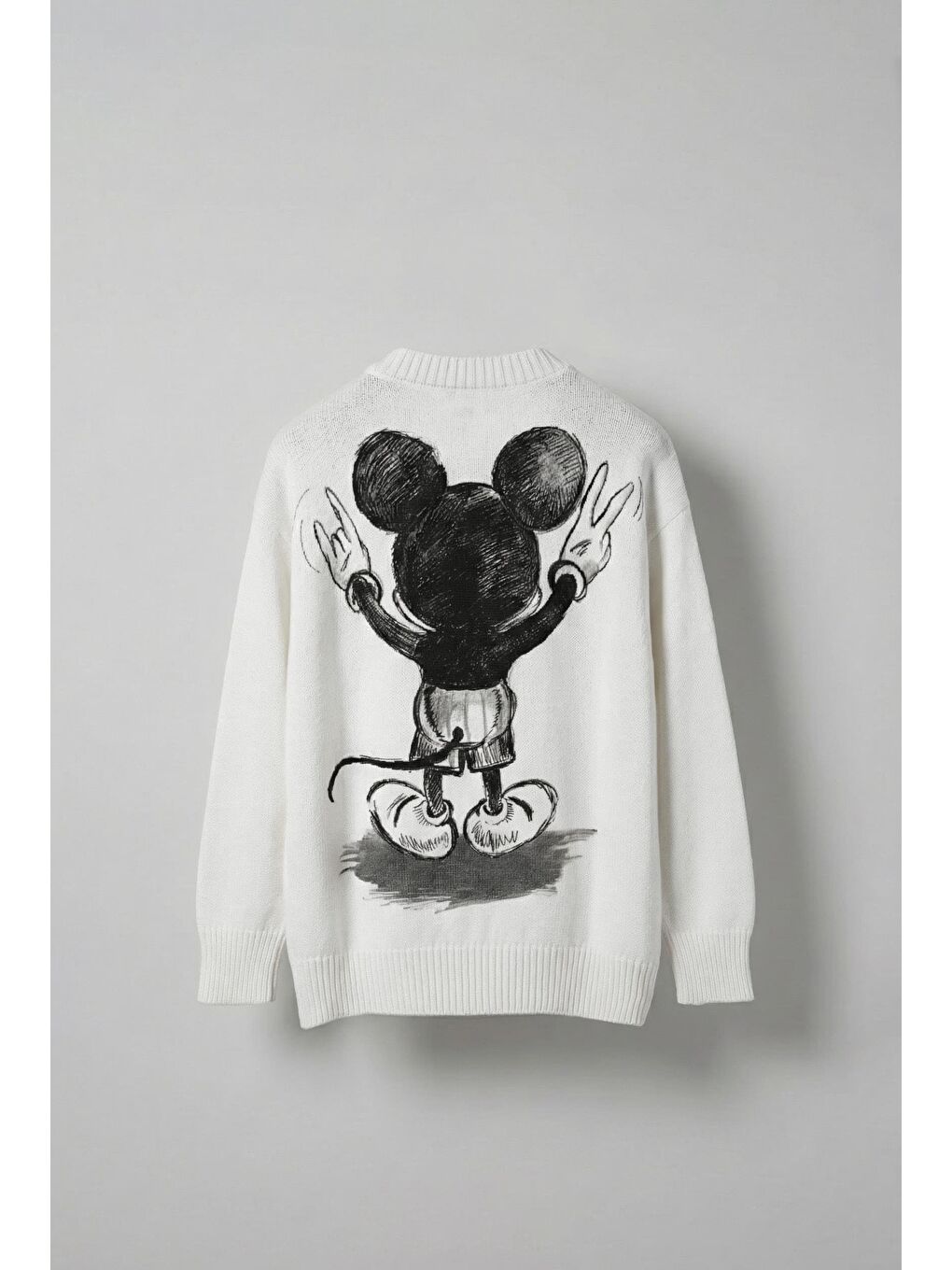 Erkek Oversize Mickey Mouse Kabartma Baskılı Kazak Beyaz-6