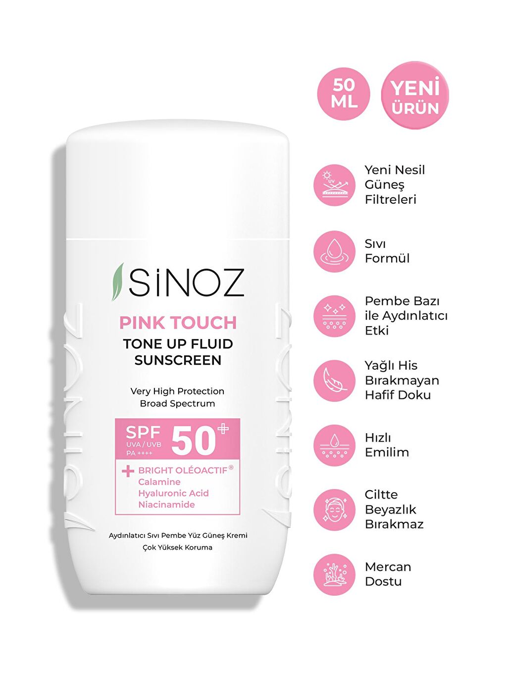 Sinoz Açık Pembe SPF 50+ Pink Touch Aydınlatıcı Sıvı Güneş Kremi- Yeni Nesil Güneş Filtreleri İle Hibrit Formül 50 ml