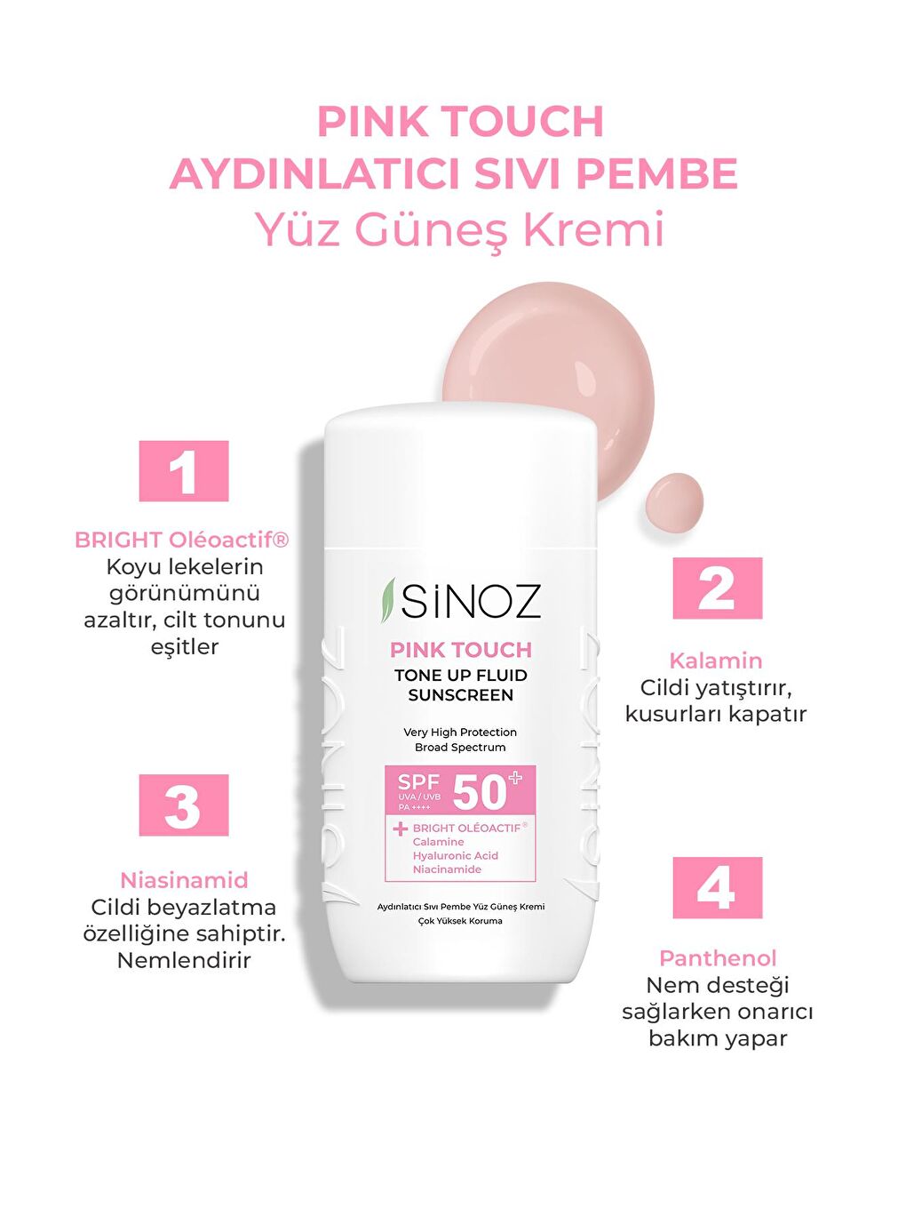 Sinoz Açık Pembe SPF 50+ Pink Touch Aydınlatıcı Sıvı Güneş Kremi- Yeni Nesil Güneş Filtreleri İle Hibrit Formül 50 ml - 1