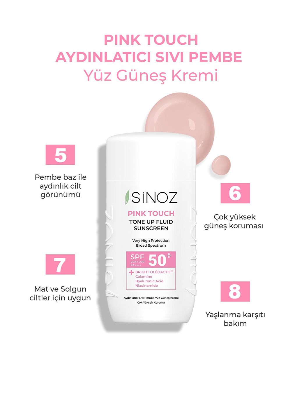 Sinoz Açık Pembe SPF 50+ Pink Touch Aydınlatıcı Sıvı Güneş Kremi- Yeni Nesil Güneş Filtreleri İle Hibrit Formül 50 ml - 2