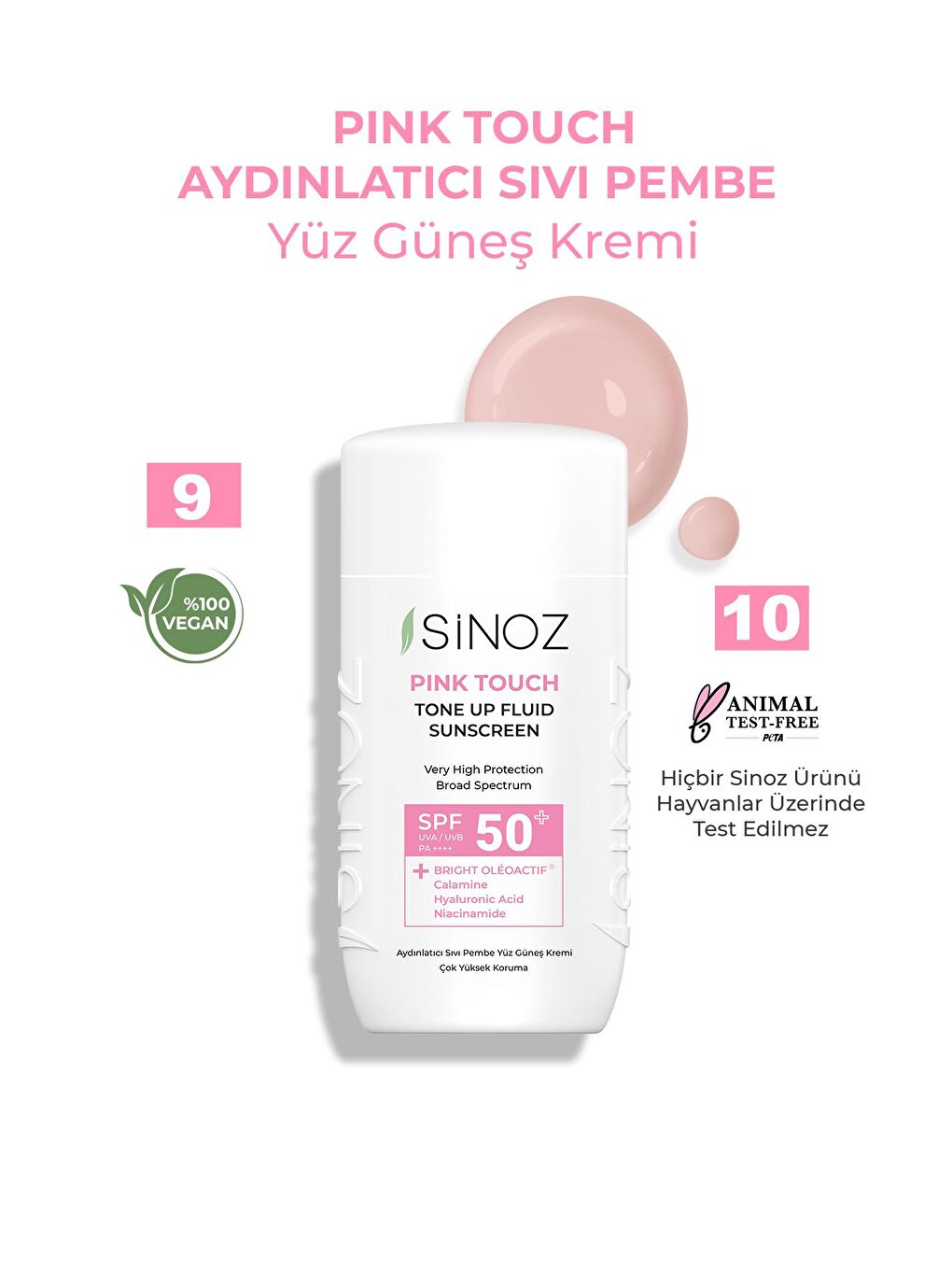 Sinoz Açık Pembe SPF 50+ Pink Touch Aydınlatıcı Sıvı Güneş Kremi- Yeni Nesil Güneş Filtreleri İle Hibrit Formül 50 ml - 3