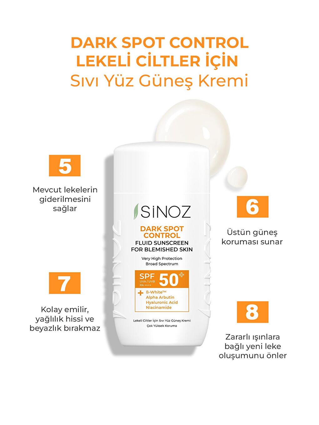 Sinoz Renksiz Spf50 Koyu Cilt Lekelerine Etkili Sıvı Yüz Güneş Kremi-Yeni Nesil Güneş Filtreleri Hibrit Formül - 2