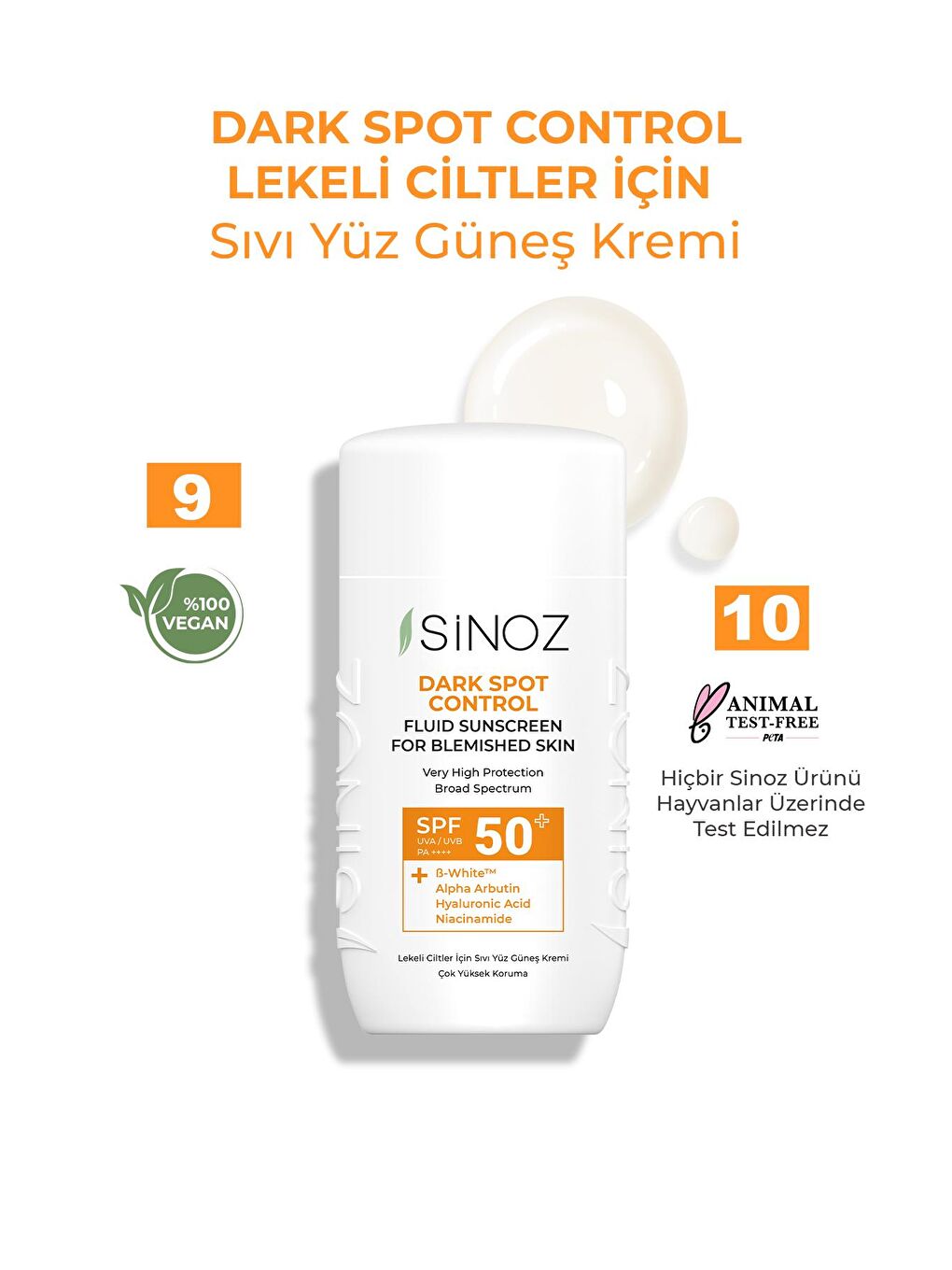 Sinoz Renksiz Spf50 Koyu Cilt Lekelerine Etkili Sıvı Yüz Güneş Kremi-Yeni Nesil Güneş Filtreleri Hibrit Formül - 3