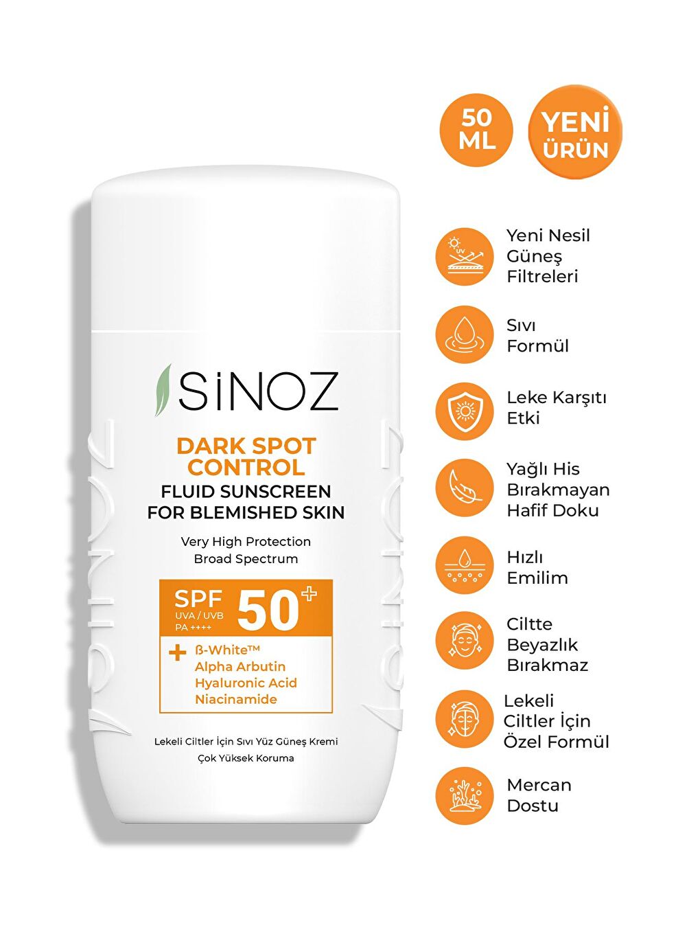 Sinoz Renksiz Spf50 Koyu Cilt Lekelerine Etkili Sıvı Yüz Güneş Kremi-Yeni Nesil Güneş Filtreleri Hibrit Formül