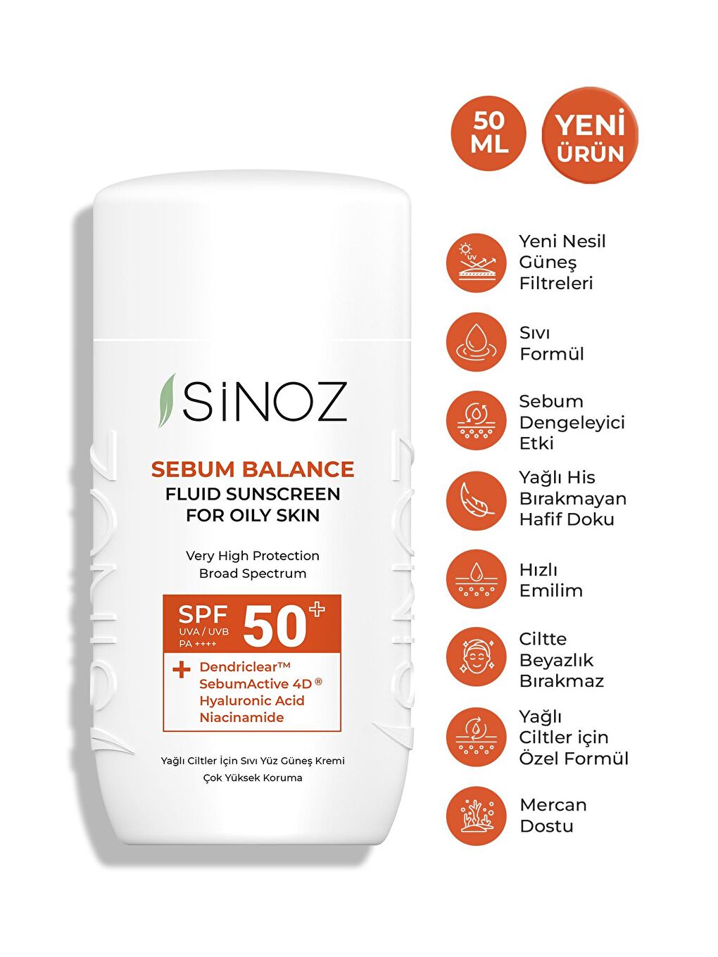 Sinoz Renksiz SPF 50+ Yağlı Ciltlere Özel Sıvı Güneş Kremi - Yeni Nesil Güneş Filtreleri İle Hibrit Formül 50 ml