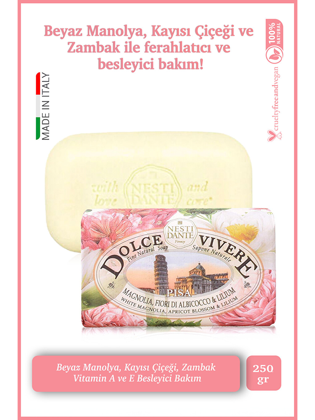 Dolce Vivere Pisa Katı Sabun 250 gr | Vitamin A ve E İçerikli| Besleyici ve Bakım Karşıtı|Banyo Sabu