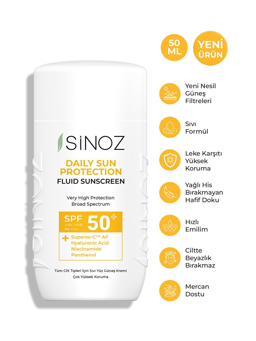 Sinoz Şeffaf Spf50 Günlük Kullanım Sıvı Yüz Güneş Kremi - Yeni Nesil Güneş Filtreleri Ile Hibrit Formül 50m