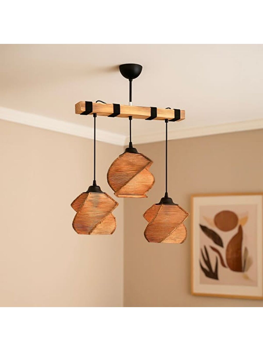 Popart 3'lü Ahşap Avize - Kahverengi