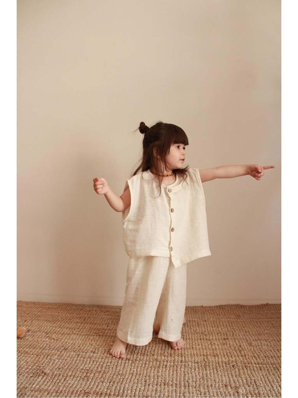 Bej Asimetrik Yelekli Keten Alt Üst Takım-2