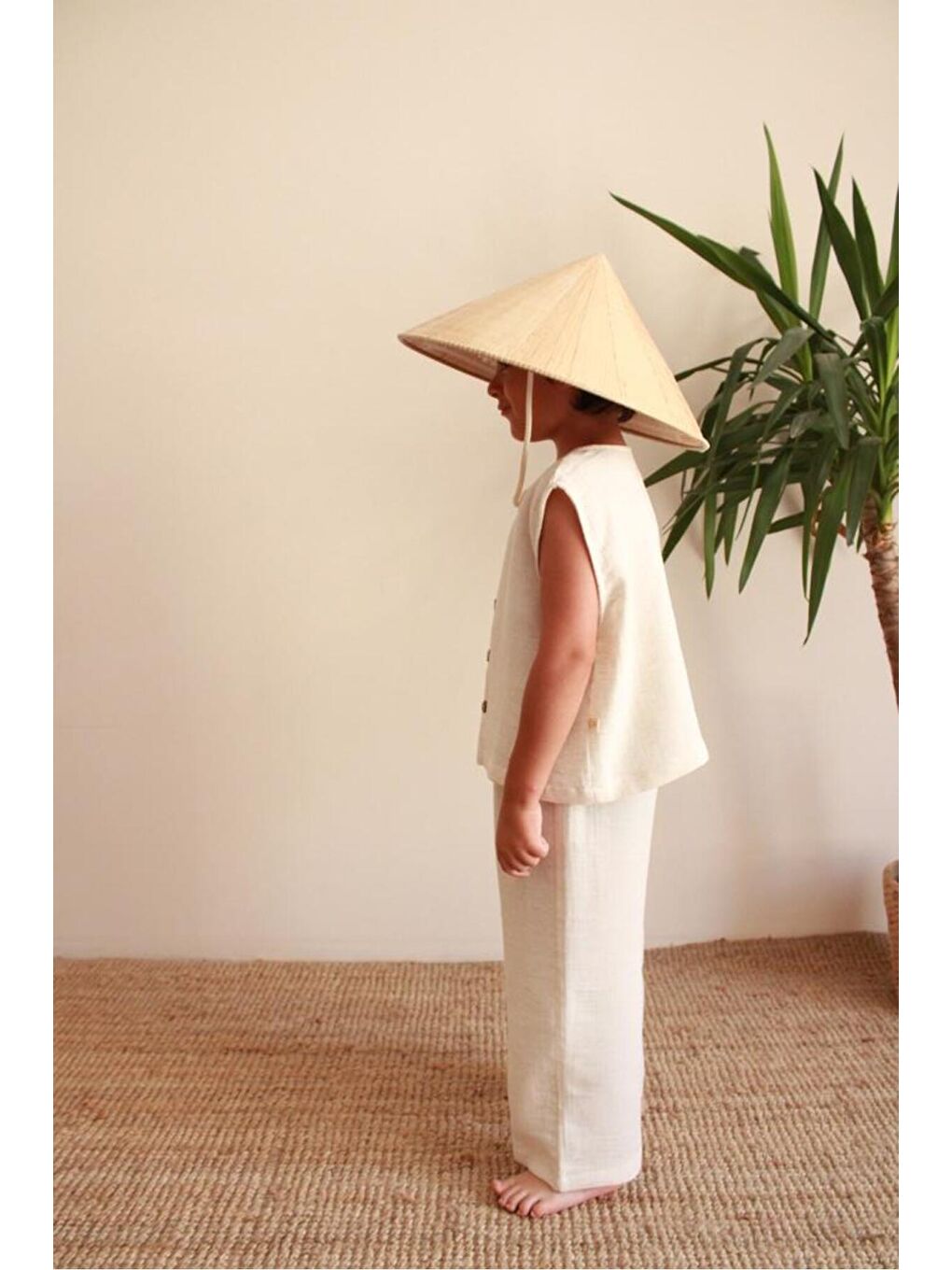 Bej Asimetrik Yelekli Keten Alt Üst Takım-5